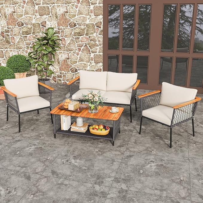 Tangkula 4 Piece Patio Furniture Set, Patiojoy Rattan Chair Set w/ 2-Tier Coffee Table, Acacia Wood Armrests & Tabletop, Soft Seat & Back Cushions, Outdoor Wicker Conversation Set