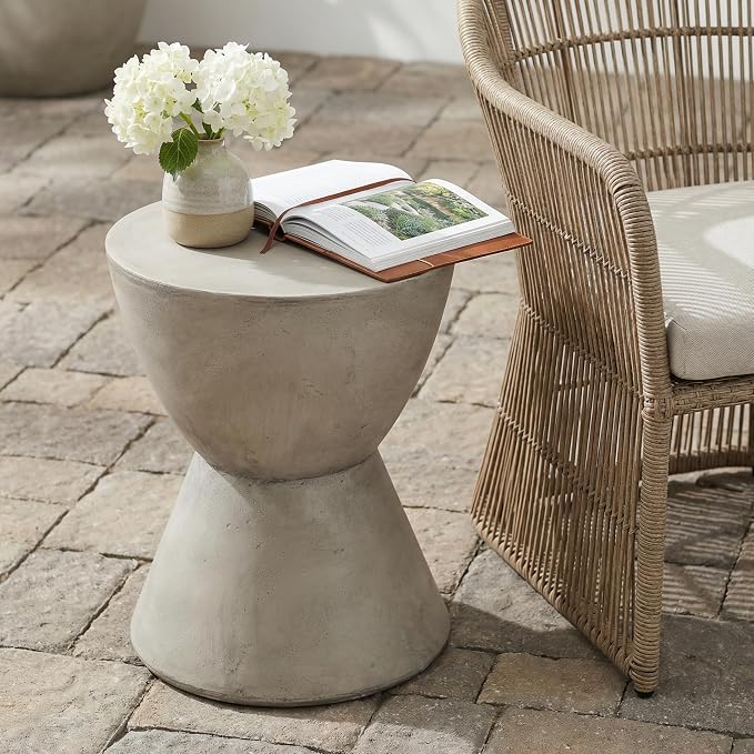 Outdoor Side Table Hourglass Concrete Side Tables Travertine End Table Faux Stone Small Coffee Tables for Patio, Garden Stool Plant Stand for Porch, Backyard, 15.25"*18", Waist Drum-Cement