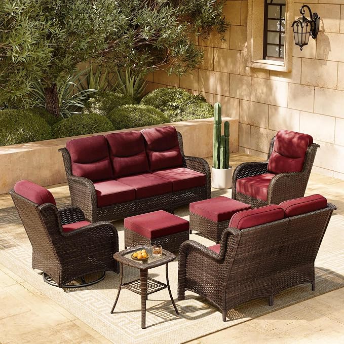 HILLGA 7-Piece Luxury Patio Furniture Set with 6" Thick Cushions, Weather-Resistant Wicker High Back Swivel Rocker Chairs, Senior-Friendly Outdoor Loveseat Set for Large Deck and Poolside,Burgundy(V2)