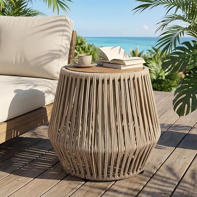 Polibi Outdoor Side Table with Handwoven Rope Base, Weather-Resistant Outdoor/Indoor Accent Table for Patio, Garden, Coastal & Bohemian Decor (Beige + Light Teak)