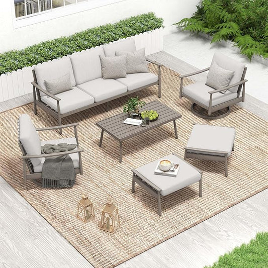 HAPPATIO Patio Outdoor Furniture Set - 6 Pieces Aluminum Outdoor Conversation Set with 1 Three-Seater Sofa, 1 Coffee Table, 2 Swivel Chairs, and 2 Ottomans for Yard, Porch, and Deck (Grey)