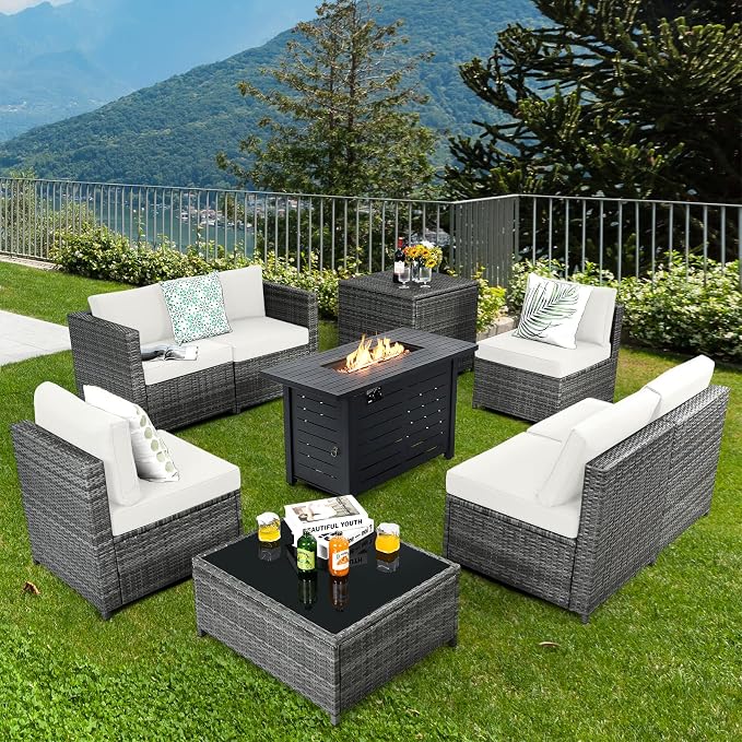 Tangkula 9 Pieces Patio Rattan Furniture Set, Patiojoy Sectional Sofa Set w/Storage Box, Coffee Table, Outdoor Wicker Conversation Set w/ 42” ETL Approved Propane Fire Pit Table (White)