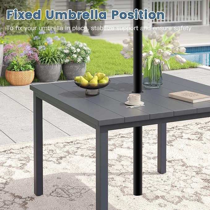 DIFY 40.2" Square Outdoor Dining Table for 4, Slatted Metal Patio Table with Adjustable Umbrella Hole, All-Weather Patio Dining Table for Garden Backyard Deck, Grey Tabletop
