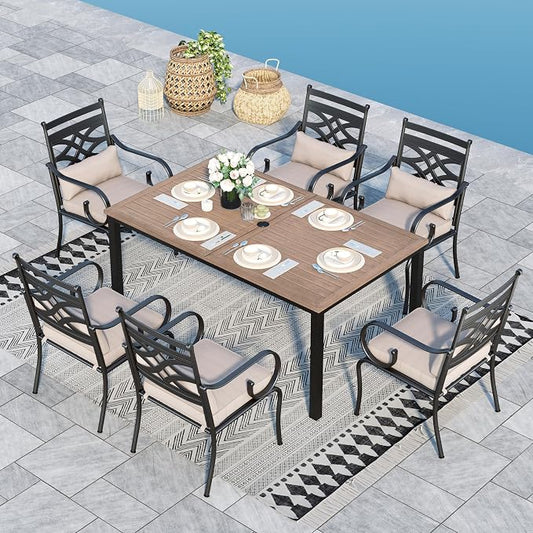 Sophia & William Patio Dining Set, Chairs, Metal Top Wood Texture-64 | Seats 6, Cushions, 1.57-1.9 Adjustable Umbrella Hole