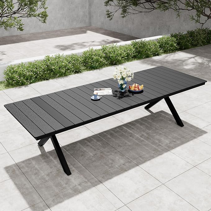 Pellebant 118" Outdoor Dining Table for 8-12, 10ft Aluminum Patio Table with Umbrella Hole, Weather Resistant Black Wood Grain Tabletop and Sturdy Frame for Deck, Porch, Backyard