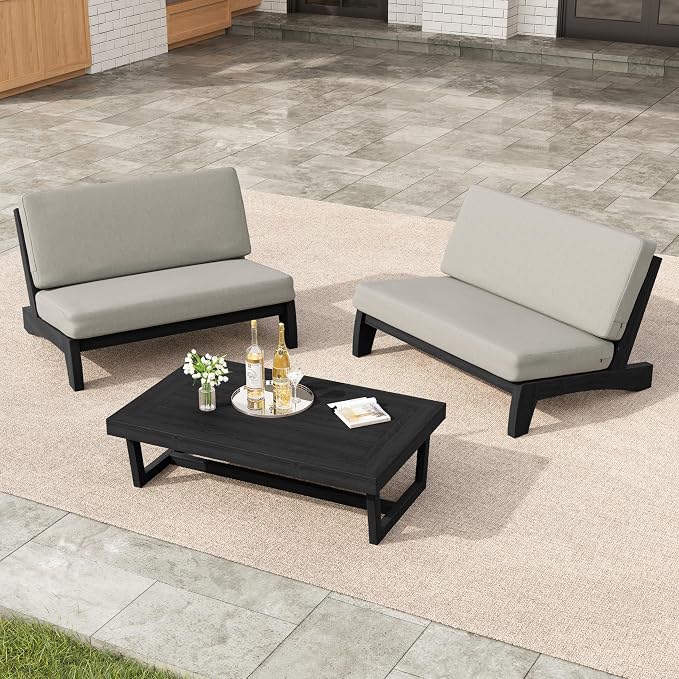 3 Pieces Patio Furniture Sets, All-Weather Outdoor Wood Bistro Set Patio Conversation Coffee Table Chiars and Patio Loveseat for Balcony, Backyard