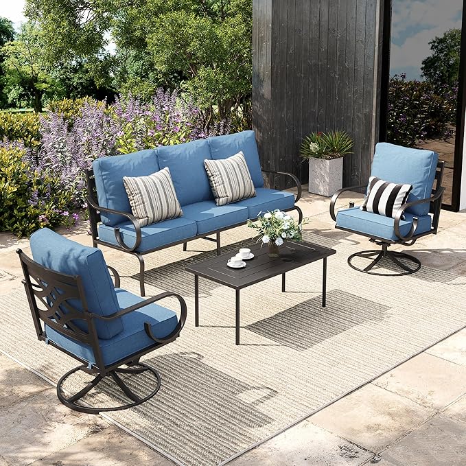 Sophia & William Patio Conversation Set for 5, 3-Seater Sofa, 2 Swivel Chairs and a Coffee Table, Metal Outdoor Furniture with 5.75" Extra Thick Cushions, Navy