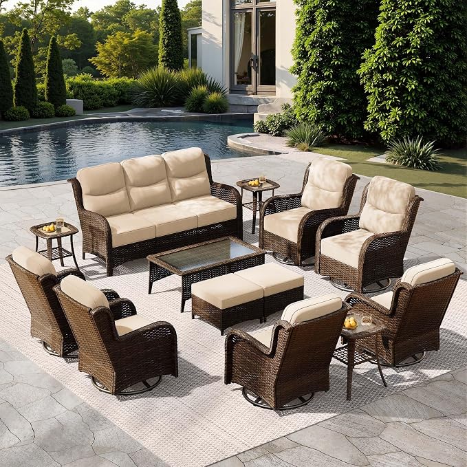 HILLGA Luxury Outdoor Patio Furniture Set with 6-Inch Thick Cushions, High Back Wicker Swivel Rocker Chairs, 13 Pcs All Weather Conversation Set for Large Deck, Yard and Poolside, Beige (V3)