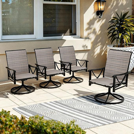 Gotland Patio Swivel Chairs Set of 4, Outdoor Dining Chairs with Breathable Teslin Seat Cushion & Backrest, 360° Outdoor Swivel Chairs with Metal Frame, Patio Dining Chairs for Deck Garden Brown