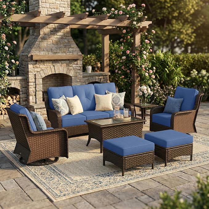 Sundale Outdoor 7 Piece Wicker Patio Furniture Set, High Back Outdoor Couch with Swivel Chairs, Ottoman & Coffee Table, 6" Thick Cushion Patio Conversation Sets with Deep Seating for Yard, Deck (Blue)