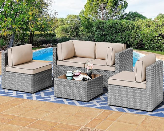 Shintenchi 5 Pieces Outdoor Patio Furniture Sets, Patio Sectional Sofa Couch, Gray PE Wicker Furniture Modular Patio Conversation Sets Patio Sofa with Washable Cushions & Table（Khaki）