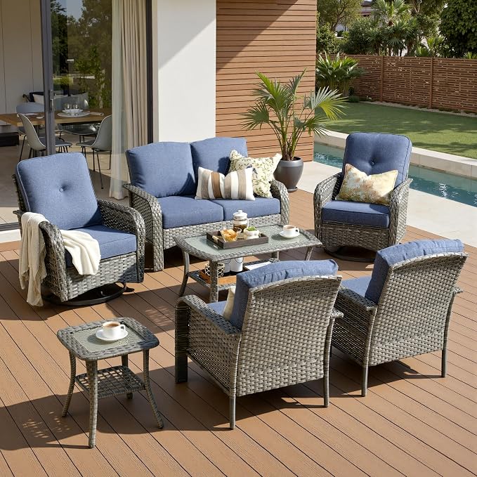 7-Piece Patio Furniture Set, Outdoor Wicker Furniture with Coffee Table, High Back Swivel Rocker Patio Chairs, Modern Rattan Outdoor Chairs Conversation Set for Porch, Balcony, Garden, Denim Blue