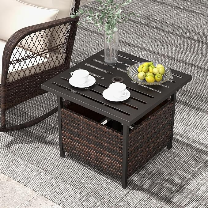 Tangkula Outdoor Table with Umbrella Hole, Rattan Umbrella Stand Table, Wicker Outside Side Table with Steel Metal Frame, Patio Bistro Table for Deck Garden Pool Yard, 22 x 22 x 18.5 Inch (Mix Brown)