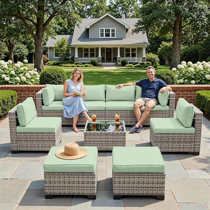 9-Piece Patio Furniture Set, Outdoor Sectional with Ottomans, Modular Patio Sofa, Dual-Strand Wicker Rattan, Rust-Resistant Frame, Backyard Furniture for Garden, Deck, Light Green