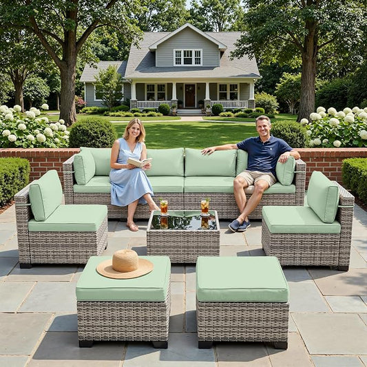 9-Piece Patio Furniture Set, Outdoor Sectional with Ottomans, Modular Patio Sofa, Dual-Strand Wicker Rattan, Rust-Resistant Frame, Backyard Furniture for Garden, Deck, Light Green