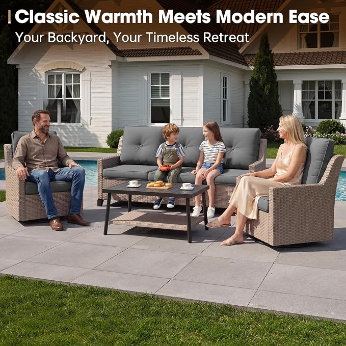 NestNook 4 Piece Patio Furniture Set, Outdoor Rattan Swivel Glider Chairs Set of 2 with 3-Seater Sofa and Coffee Table Wicker Patio Conversation Set for Backyard Balcony & Poolside（Dark Grey）