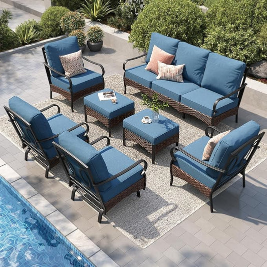 PHI VILLA Patio Furniture Set, Extra Large Wicker & Metal Outdoor Conversation Set Patio Sectional Sofa Set with Waterproof Thick Cushions for Porch, Poolside, Deck(7 Pieces, Navy)