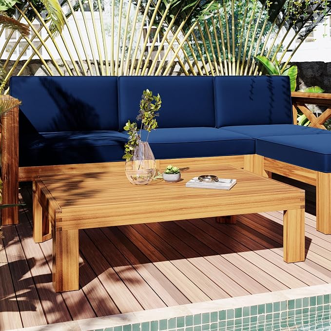 Acacia Wood 5-Piece Patio Sectional Sofa Set, All-Weather Outdoor Conversation Set, Corner Design Patio Set with Coffee Table and Updated Cushions for Backyard Porch Courtyard Poolside (Natural+Blue)
