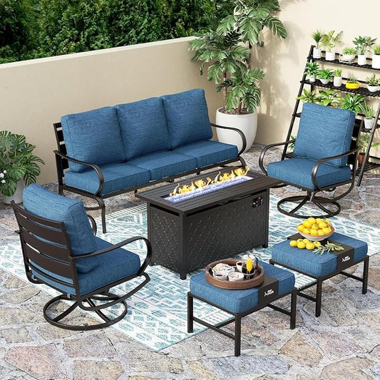 PHI VILLA 6 Pieces Patio Furniture Set with Firepit Table, 3-Seat Metal Outdoor Sofa, 2 x Swivel Sofa Chairs & 2 Ottomans, 5.75" Thick Cushioned Patio Conversation Set Backyard Furniture, Peacock Blue