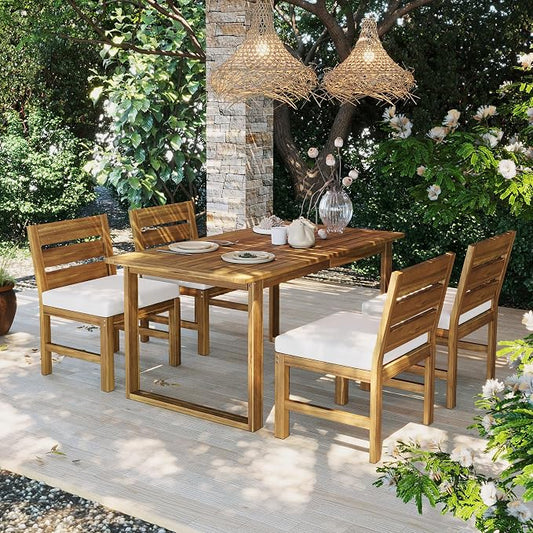 RUNNA Farmhouse 5-Piece Outdoor Patio Dining Set with Adjustable Legs,Acacia Wood Dinning Set for 4,Suitable for Backyard, Garden,or Deck (Beige+Natural)