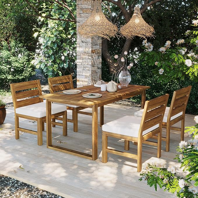 Merax 5-Piece Patio Dining Set for 4, Acacia Wood Farmhouse Outdoor Furniture Set with Removable Cushions & Adjustable Feet, Rustic Garden Dining Set for Backyard, Poolside, Beige + Natural