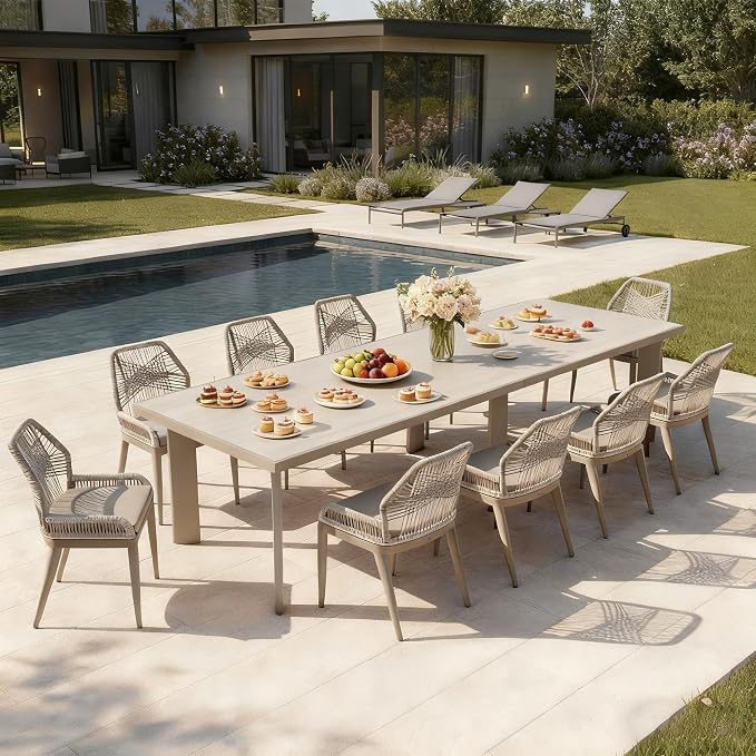 PURPLE LEAF 11 Pieces Patio Dining Set Aluminum Oversize Rectangular Table and Wicker Chairs with Cushions for Kitchen Porch Garden Modern Outdoor Furniture Sets, Champagne