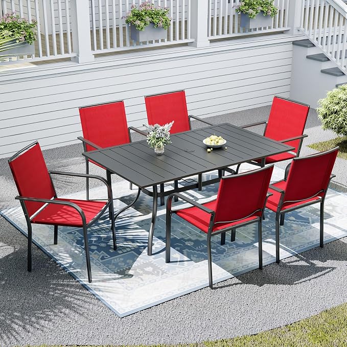 6-Piece Outdoor Dining Set with Umbrella Hole,63"x 38" Patio Table and Stackable Chairs Set for 6,Modern Garden Dining Set for Poolside Seaside Backyard