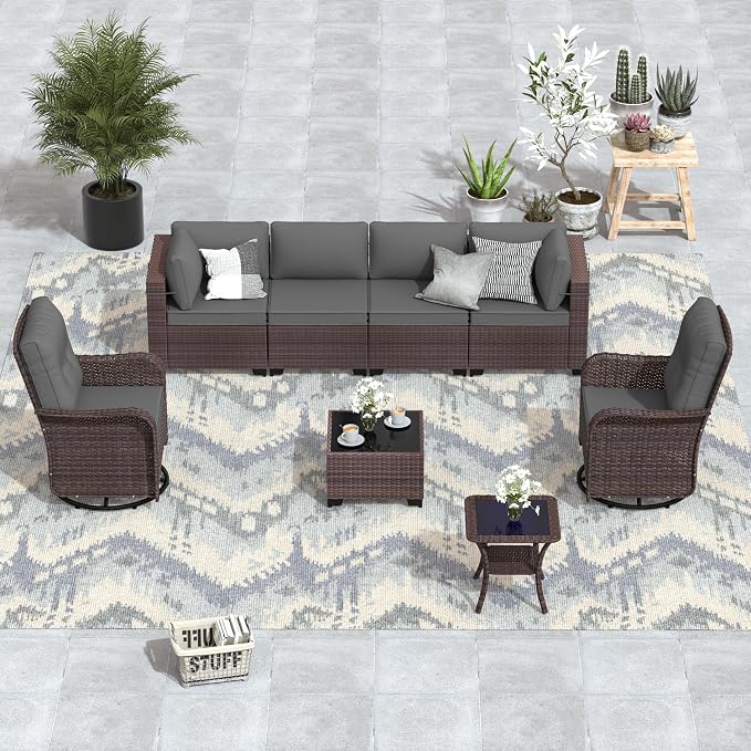 ALAULM 8 Pieces Patio Furniture Set with 2 Swivel Chairs Wicker Patio Conversation Set, Outdoor Sectional Furniture w/Coffee Table & Washable Seat Cushions-Grey