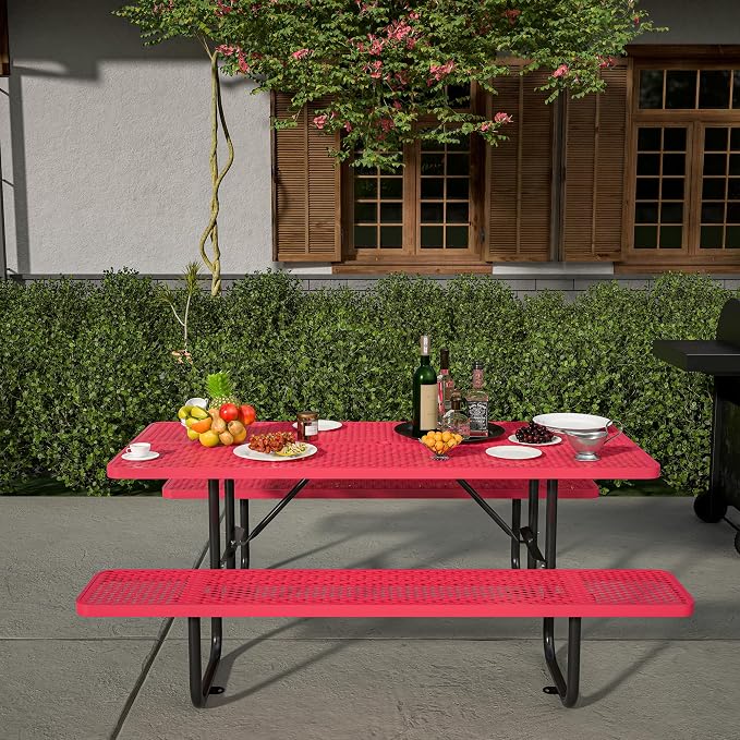 72'' Rectangular Metal Picnic Table with 1.73" Umbrella Hole, Heavy-Duty Commercial Grade Steel Mesh Table Set, Weather Resistant Sturdy for Outdoor, Smooth Round Corner Design, Red