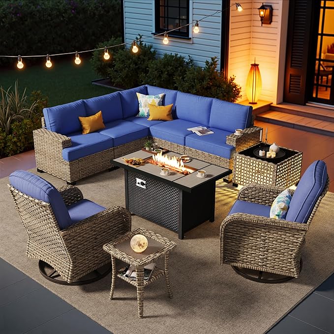 HOOOWOOO Sectional Patio Furniture Set with Fire Pit Table,10 Pieces Wicker Outdoor Furniture L Shaped Couch,Outside Conversation Set Extra Deep Seat Sofa Wide Arm Swivel Chairs Solar Table,Navy Blue