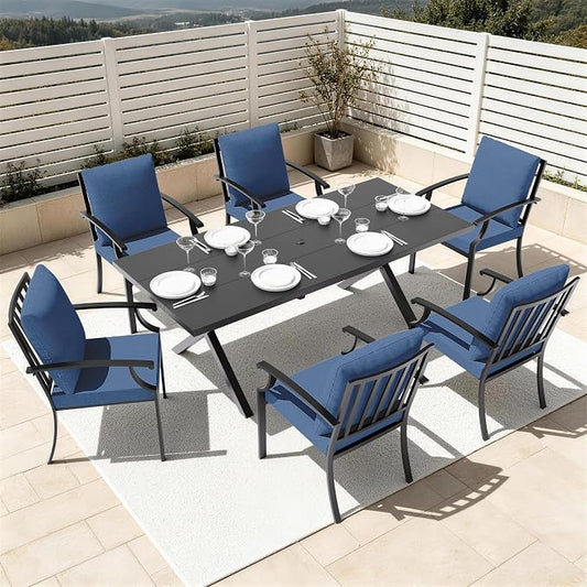 7 PCS Outdoor Patio Dining Set,Patio Table and Chairs Metal Outdoor Patio Furniture Set with Umbrella Hole,Dining Table Set with 6 Chairs for Deck,Backyard and Garden,Navy Blue