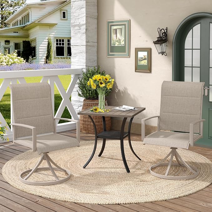 DIFY 3 Piece Outdoor Dining Set for 2, Patio Furniture Set with Padded Textilene Swivel Patio Chairs and 27.6" Small Square Metal Dining Table, Sandshell Fabric & Grey Wood-Like Tabletop