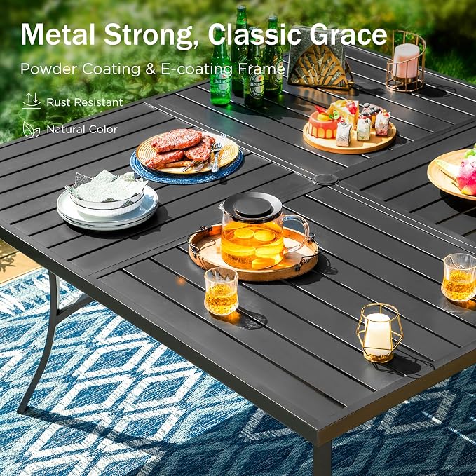 PHI VILLA 9 Pieces Square Outdoor Dining Set for 8, 57” Metal Iron Dining Table & Rattan Wicker Chairs with Cushions, Large Dining Furniture Set for Patio, Deck, Yard, Porch