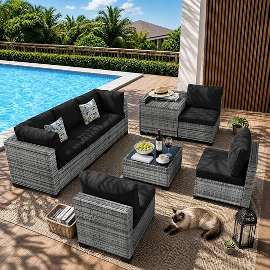 8-Piece Modular Patio Furniture Set with Storage Box Outdoor Sectional Sofa | Patio Conversation Set with Coffee Table, PE Rattan Wicker Couch with Waterproof Cushions for Backyard, Deck & Porch, Black