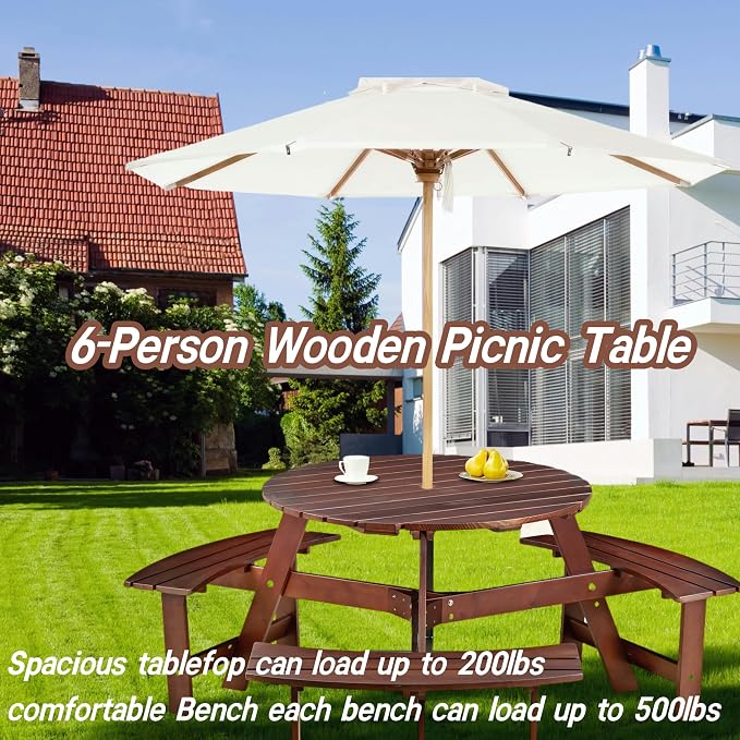 JOYBASE 6-Person Wooden Picnic Table, Outdoor Round Table with Built-in Benches and Umbrella Hole, Picnic Table Bench Set for Patio, Backyard, Garden (Brown)