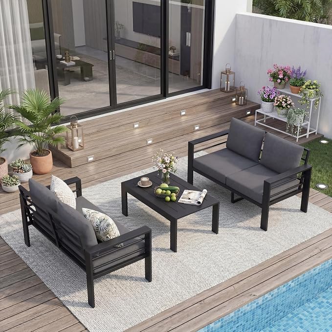 Aluminum Patio Furniture Set, 3 PCS Metal Oversized Outdoor Furniture Set Washable Thick Cushions, 4 Seat Patio Conversation Set with 3.54” Wide armrest and Coffee Table for Patio, Garden