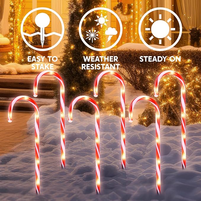 Joiedomi 12 Pcs Christmas Candy Cane Pathway Markers Lights, 16” Stakes Lights with Warm White, Waterproof Outdoor Decorations for Xmas Indoor and Outdoor Decorations Yard, Walkway, Lawn, Garden