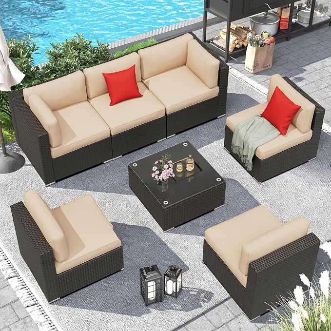 8 Pieces Outdoor Patio Furniture Set with Waterproof Cover, Black Brown Wicker Patio Sectional Sofa Set, Outdoor Couch with Cushion and Tempered Glass Table, Beige