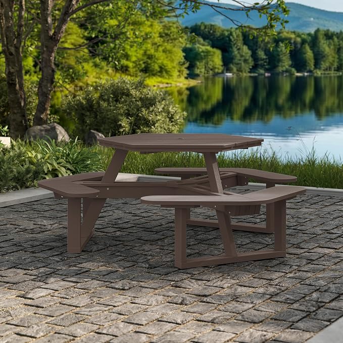 Shoreline Made in USA Hexagon Picnic Table, Seating for 6, Mangrove Brown