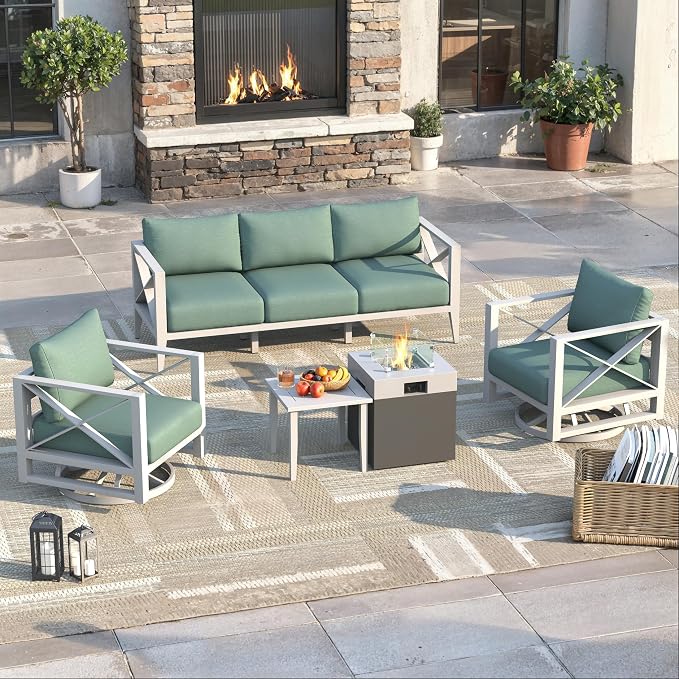 Aluminum Outdoor Patio Furniture Set with Fire Pit, 7-Piece Outdoor Sectional with 5.2" Thick Cushions, Swivel Chairs Patio Conversation Sets for Backyard,(White,5 Seats)