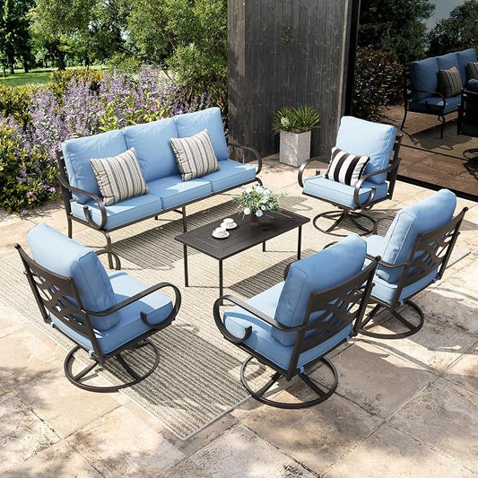 Sophia & William Patio Conversation Set for 7, 3-Seater Sofa, 4 Swivel Chairs and a Coffee Table, Metal Outdoor Furniture with 5.75" Extra Thick Cushions, Blue