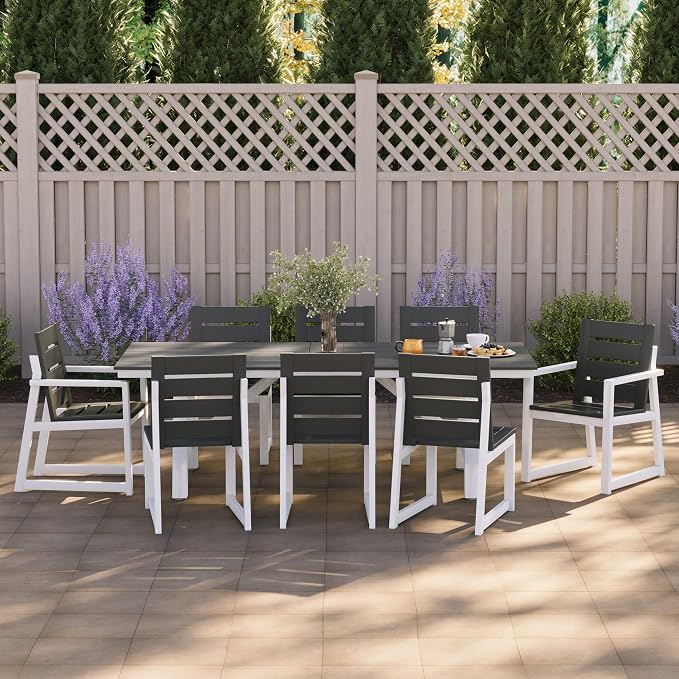 WestinTrends Cape May 9-Piece HDPE Outdoor Furniture Patio Dining Table with Umbrella Hole and Chairs Set for 8, Gray