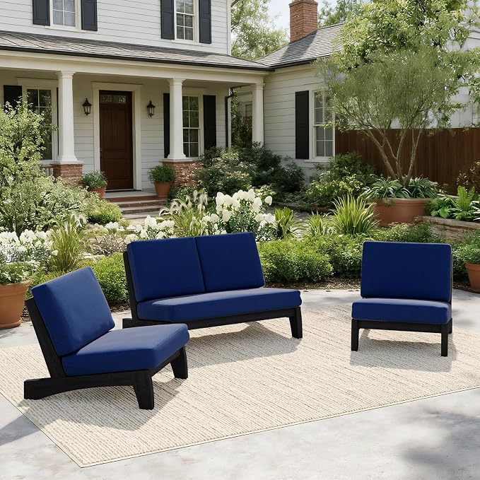 Pia Ricoo 4 Piece Patio Furniture Sets, Outdoor Loveseat Sofa Set with 2 Chairs & Coffee Table, Patio Conversation Set for Backyard, Deck, Lawn, Navy, Dark Wood