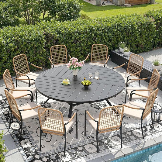DIFY 11 Pieces Outdoor Dining Set, Metal Patio Table and Chairs Set for 10, 63" Round Dining Table with Umbrella Hole & Wicker Stackable Patio Chairs with Cushions, Black Tabletop