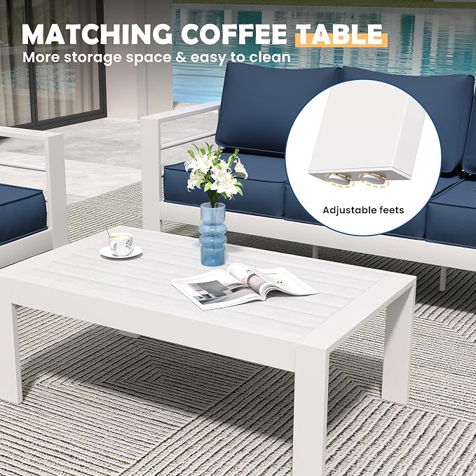 Amopatio Aluminum Patio Furniture Set, 6 Pieces Metal Outdoor Patio Furniture Sets, Outdoor Sectional Modern Sofa Couch with Coffee Table for Pool, Garden, White&Blue (Included Waterproof Covers)