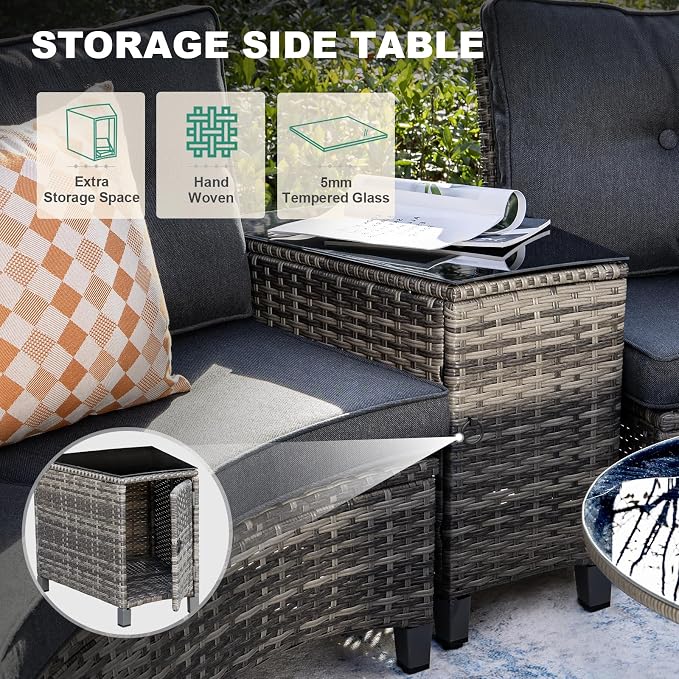 MEISSALIVVE 9-Piece Half-Moon Curved Outdoor Patio Furniture Set, Sectional Conversation Sofa with 2 Swivel Glider Chairs, Coffee & Side Tables for Backyard Deck Garden, Grey