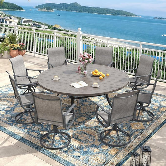 Outdoor Dining Set for 8, 63" Metal Round Outdoor Dining Table with Umbrella Hole and Sling Patio Swivel Chairs, 9 Pieces Patio Table and Chairs Set for Garden, Grey