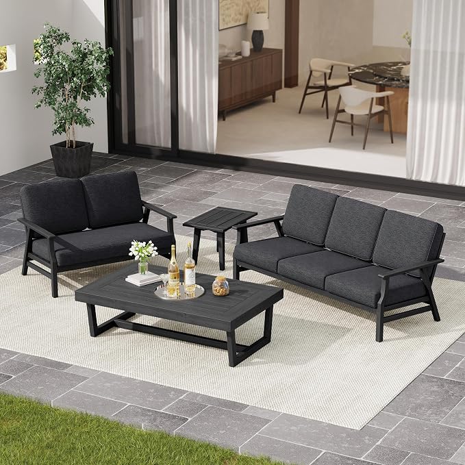 3 Pieces Patio Furniture Sets, Black Wood Outdoor Sectional Furniture with Coffee Table, 5 Seats Patio Sofa Couch Conversation Set for Backyard Deck - Dark Gray