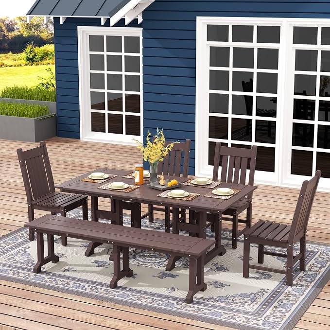 WO Home Furniture Adirondack Patio Dining Chair Table Bench Set of 6 PCS Rectangle Dinner Table Dining Armless Chairs (Dark Brown)