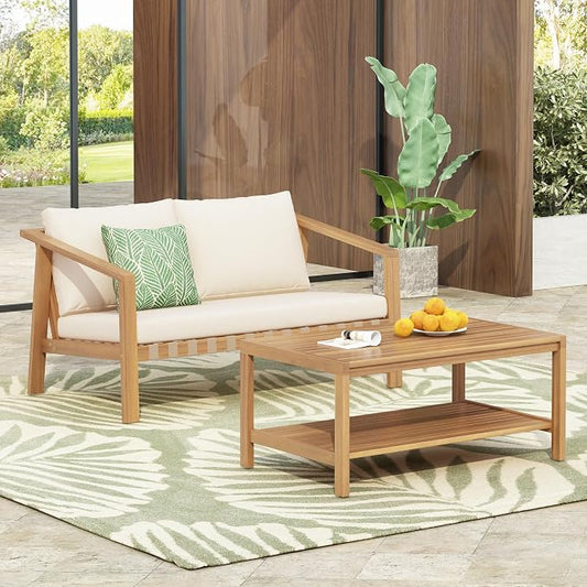 Christopher Knight Home Kayim Patio Loveseat Coffee Table Set with Woven Rope Backrest, Acacia Wood Outdoor Furniture Set, Outdoor Conversation Sofa Chat Set for Backyard Deck, Light Teak+Beige